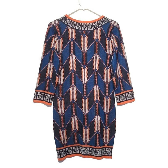 Flying Tomato Aztec Print Sweater Dress Size L Bodycon 3/4 Sleeve Blue Orange - Picture 2 of 6